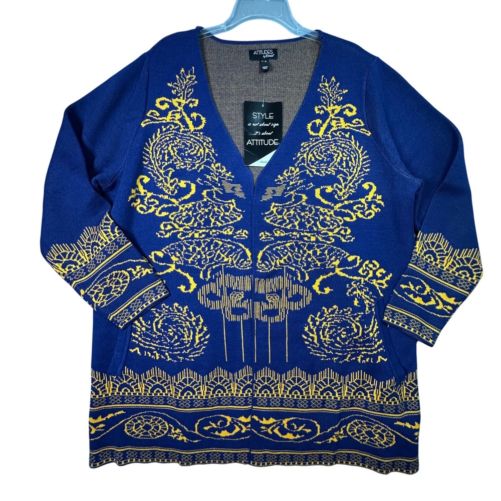 Attitudes by Renee Cardigan Intarsia Scroll Knit Open‎ Front Blue Yellow XL NEW
